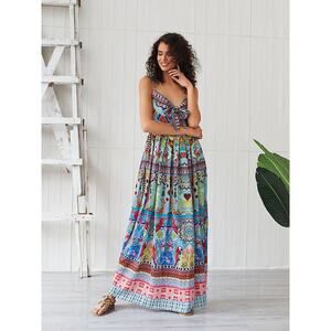 Jolly Vintage Women’s Boho Maxi Dress Spaghetti Strap Bow Split Floral Print